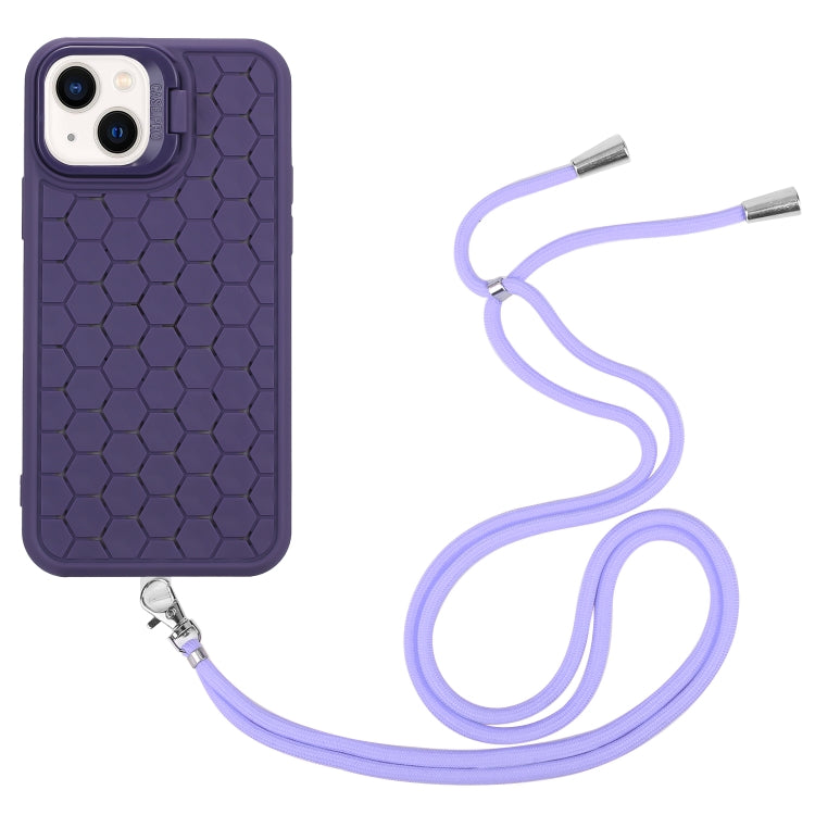 For iPhone 15 Honeycomb Radiating Lens Holder Magsafe Phone Case with Lanyard(Purple) - iPhone 15 Cases by buy2fix | Online Shopping UK | buy2fix