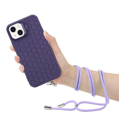 For iPhone 15 Honeycomb Radiating Lens Holder Magsafe Phone Case with Lanyard(Purple) - iPhone 15 Cases by buy2fix | Online Shopping UK | buy2fix