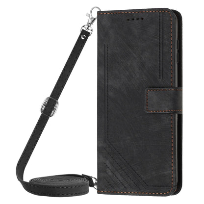 For OnePlus 13 Skin Feel Stripe Pattern Leather Phone Case with Lanyard(Black) - OnePlus Cases by buy2fix | Online Shopping UK | buy2fix