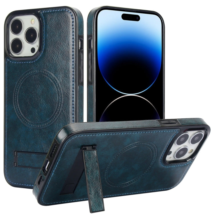 For iPhone 14 Pro Max Retro Leather Invisible Stand MagSafe Phone Case(Blue) - iPhone 14 Pro Max Cases by buy2fix | Online Shopping UK | buy2fix