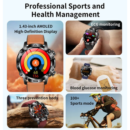 ET482 1.43 inch AMOLED Screen Sports Smart Watch Support Bluethooth Call /  ECG Function(Black Leather Band) - Smart Watches by buy2fix | Online Shopping UK | buy2fix