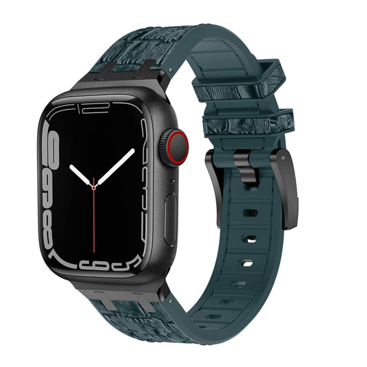 For Apple Watch Series 7 45mm Crocodile Texture Liquid Silicone Watch Band(Black Deep Green) - Watch Bands by buy2fix | Online Shopping UK | buy2fix