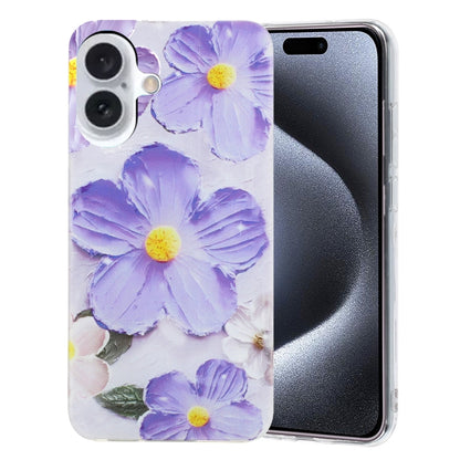 For iPhone 16 Colorful Painting Pattern TPU Phone Case(Purple Flowers) - iPhone 16 Cases by buy2fix | Online Shopping UK | buy2fix