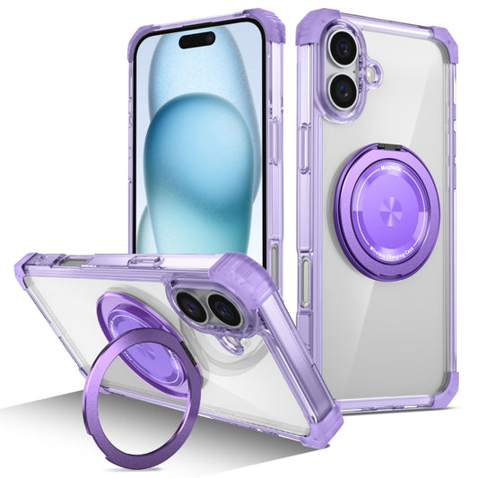 For iPhone 16 Gold Shield CD Pattern MagSafe Magnetic Phone Case with Rotating Stand(Transparent Purple) - iPhone 16 Cases by buy2fix | Online Shopping UK | buy2fix