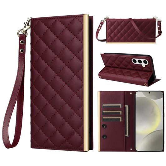 For Samsung Galaxy S24+ 5G Crossbody Rhombic Sucker Leather Phone Case(Claret) - Galaxy S24+ 5G Cases by buy2fix | Online Shopping UK | buy2fix