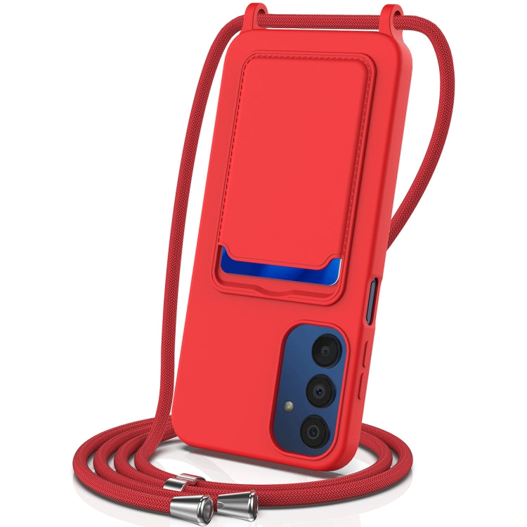 For Samsung Galaxy A15 4G/5G Integrated Card Bag Solid Color Liquid Silicone Phone Case with Lanyard(Red) - Galaxy Phone Cases by buy2fix | Online Shopping UK | buy2fix