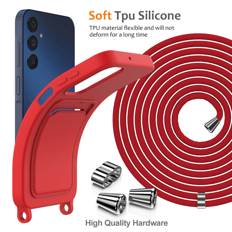 For Samsung Galaxy A15 4G/5G Integrated Card Bag Solid Color Liquid Silicone Phone Case with Lanyard(Red) - Galaxy Phone Cases by buy2fix | Online Shopping UK | buy2fix