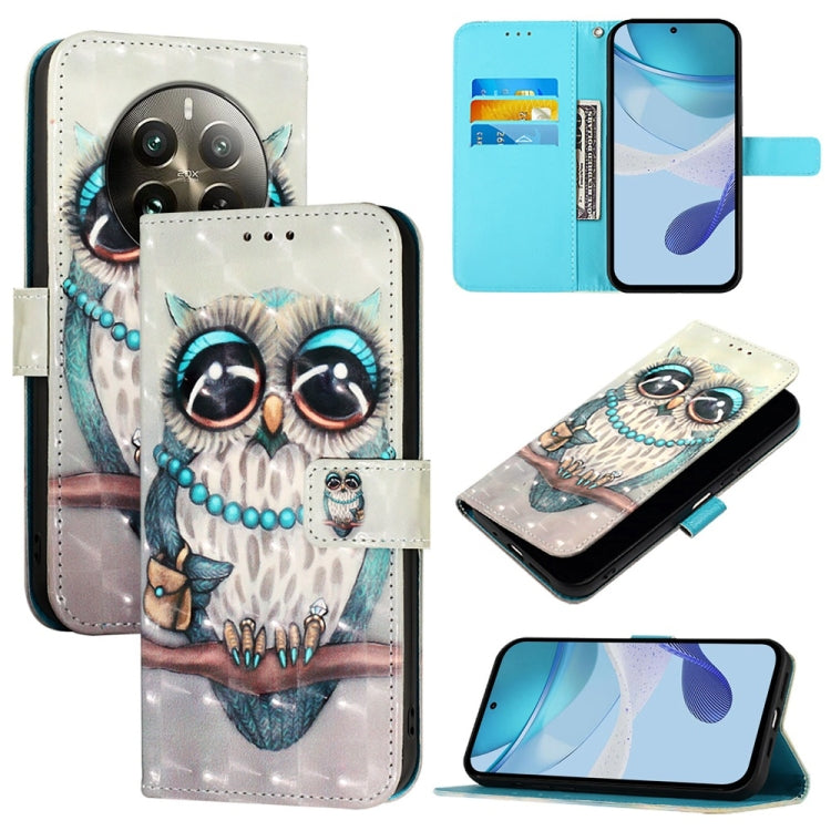 For Realme 12 Pro / Realme 12 Pro+ 3D Painting Horizontal Flip Leather Phone Case(Grey Owl) - Realme Cases by buy2fix | Online Shopping UK | buy2fix