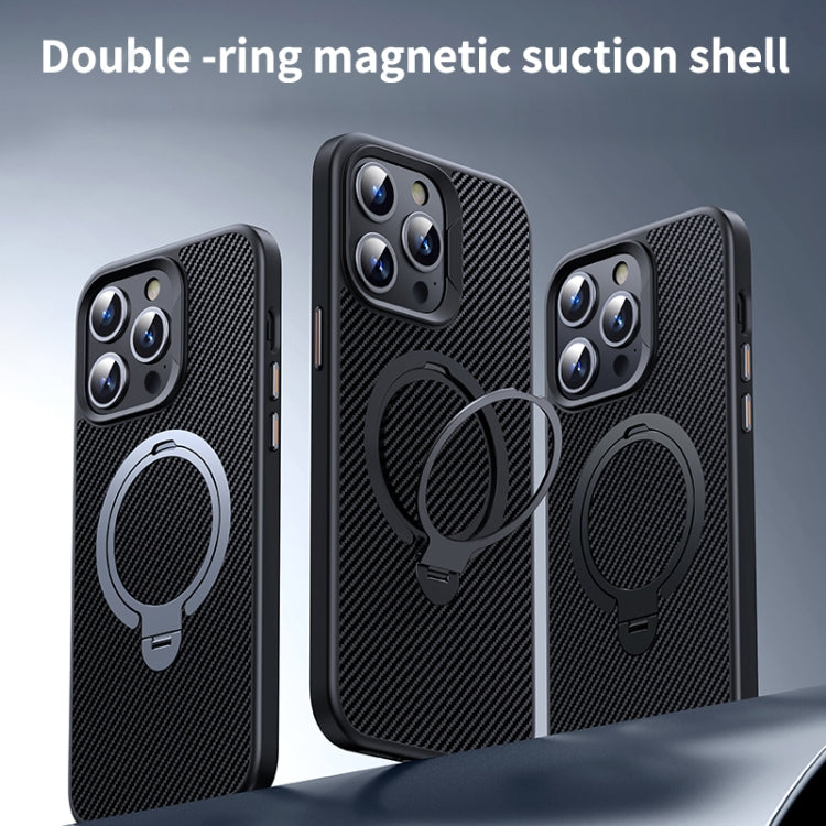For iPhone 14 Pro Max Double Ring MagSafe Holder Carbon Fibre Phone Case(Black) - iPhone 14 Pro Max Cases by buy2fix | Online Shopping UK | buy2fix