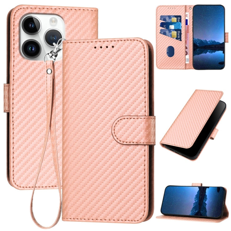 For iPhone 16 Pro YX0070 Carbon Fiber Buckle Leather Phone Case with Lanyard(Pink) - iPhone 16 Pro Cases by buy2fix | Online Shopping UK | buy2fix