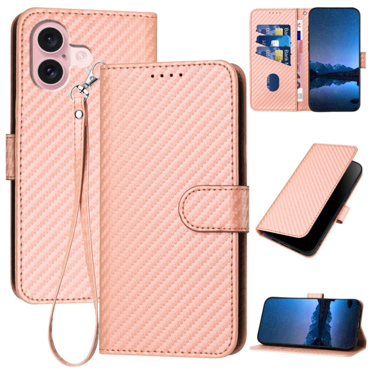 For iPhone 16 YX0070 Carbon Fiber Buckle Leather Phone Case with Lanyard(Pink) - iPhone 16 Cases by buy2fix | Online Shopping UK | buy2fix