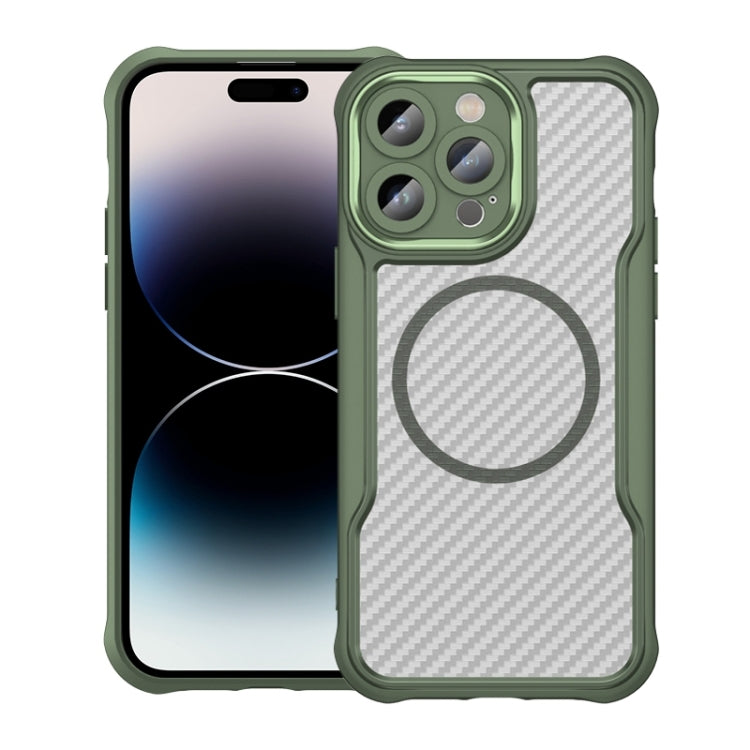 For iPhone 14 Pro Carbon Fiber Texture MagSafe Translucent Phone Case(Green) - iPhone 14 Pro Cases by buy2fix | Online Shopping UK | buy2fix