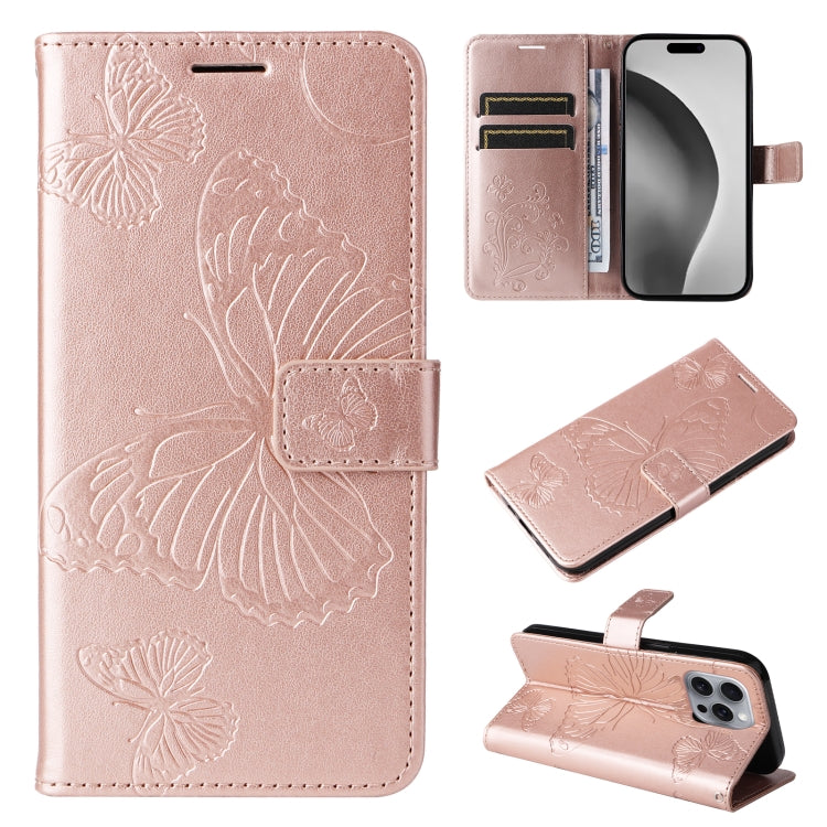 For iPhone 16 Pro Max 3D Butterfly Embossed Pattern Flip Leather Phone Case(Rose Gold) - iPhone 16 Pro Cases by buy2fix | Online Shopping UK | buy2fix