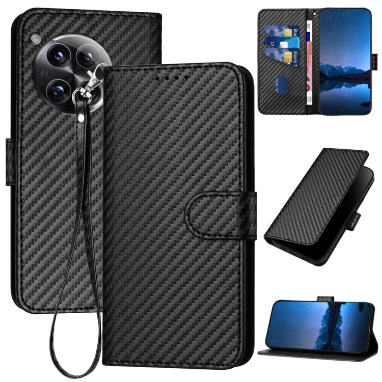 For OnePlus 12 YX0070 Carbon Fiber Buckle Leather Phone Case with Lanyard(Black) - OnePlus Cases by buy2fix | Online Shopping UK | buy2fix