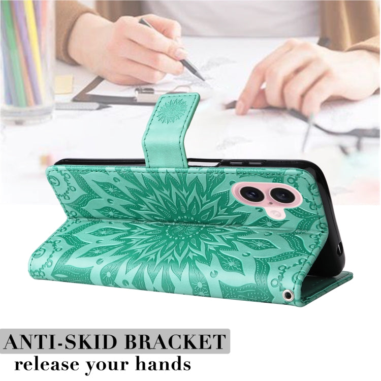 For iPhone 16 Embossed Sunflower Pattern Flip Leather Phone Case(Green) - iPhone 16 Cases by buy2fix | Online Shopping UK | buy2fix