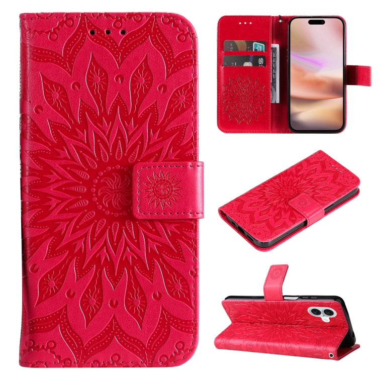 For iPhone 16 Plus Embossed Sunflower Pattern Flip Leather Phone Case(Red) - iPhone 16 Plus Cases by buy2fix | Online Shopping UK | buy2fix