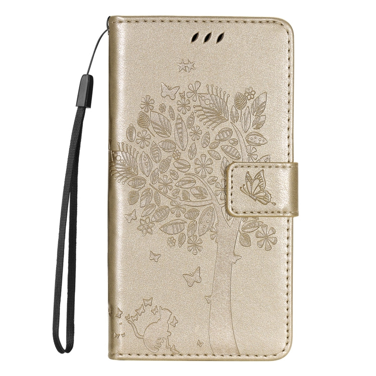 For iPhone 16 Pro Max Tree & Cat Embossed Pattern Flip Leather Phone Case(Gold) - iPhone 16 Pro Max Cases by buy2fix | Online Shopping UK | buy2fix