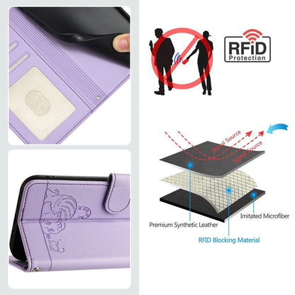 For Motorola Moto G Power 5G 2024 Cat Rat Embossed Pattern RFID Leather Phone Case with Lanyard(Purple) - Motorola Cases by buy2fix | Online Shopping UK | buy2fix