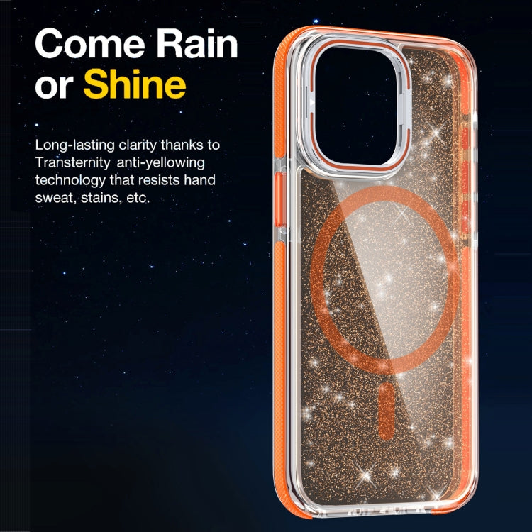 For iPhone 16 Pro Max Two-color Glitter Powder Lens Holder Magsafe Phone Case(Orange) - iPhone 16 Pro Max Cases by buy2fix | Online Shopping UK | buy2fix