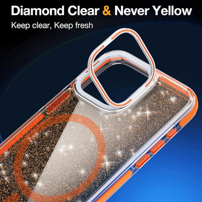 For iPhone 16 Pro Max Two-color Glitter Powder Lens Holder Magsafe Phone Case(Orange) - iPhone 16 Pro Max Cases by buy2fix | Online Shopping UK | buy2fix