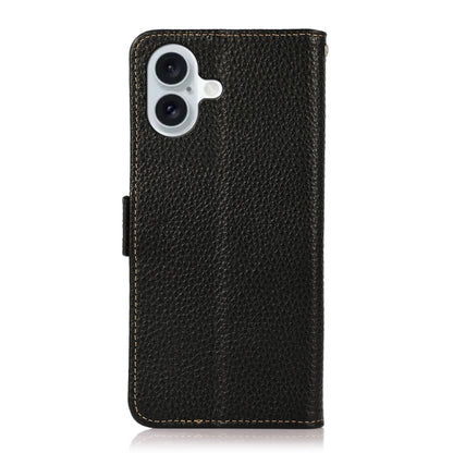 For iPhone 16 KHAZNEH Side-Magnetic Litchi Genuine Leather RFID Case(Black) - iPhone 16 Cases by buy2fix | Online Shopping UK | buy2fix