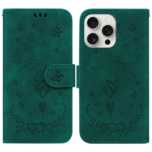 For iPhone 16 Pro Butterfly Rose Embossed Leather Phone Case(Green) - iPhone 16 Pro Cases by buy2fix | Online Shopping UK | buy2fix