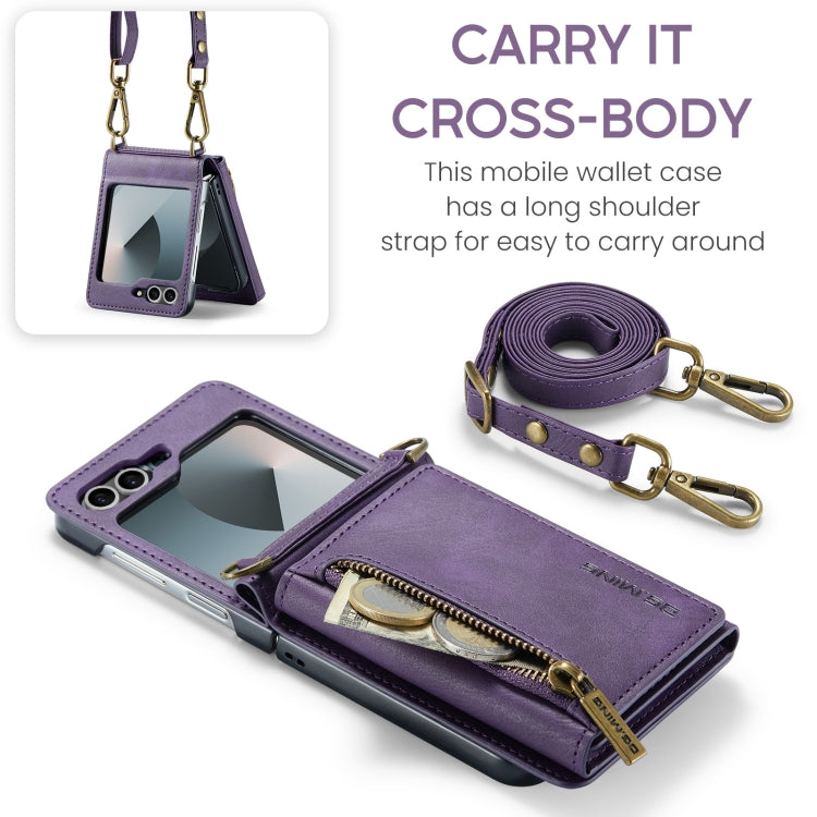 For Samsung Galaxy Z Flip6 DG.MING M5 Series Zip RFID Multi Card Detachable Leather Phone Case with Long Lanyard(Purple) - Galaxy Z Flip6 5G Cases by DG.MING | Online Shopping UK | buy2fix