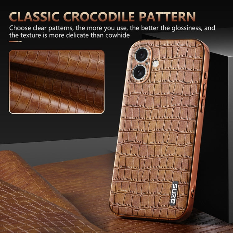 For iPhone 16 AZNS Electroplated Frame Crocodile Texture Full Coverage Phone Case(Brown) - iPhone 16 Cases by AZNS | Online Shopping UK | buy2fix