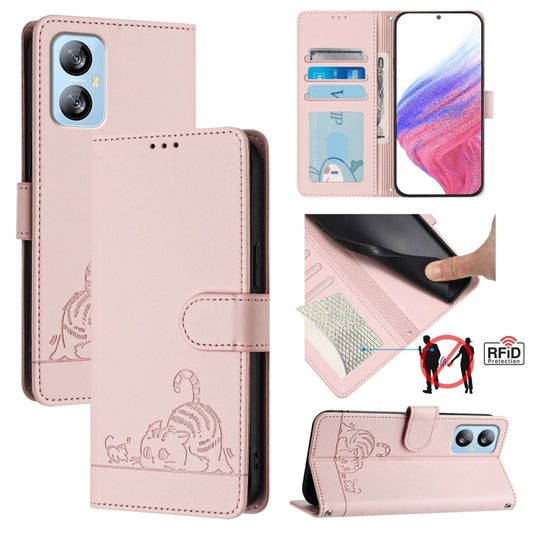 For Blackview A52 Cat Rat Embossed Pattern RFID Leather Phone Case with Lanyard(Pink) - More Brand by buy2fix | Online Shopping UK | buy2fix