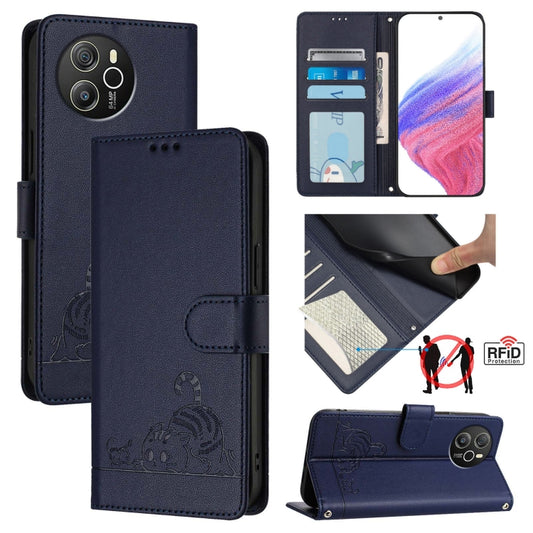 For Blackview Shark 8 Cat Rat Embossed Pattern RFID Leather Phone Case with Lanyard(Blue) - More Brand by buy2fix | Online Shopping UK | buy2fix