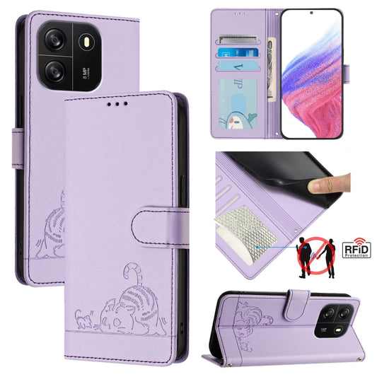 For Blackview Wave 6C Cat Rat Embossed Pattern RFID Leather Phone Case with Lanyard(Purple) - More Brand by buy2fix | Online Shopping UK | buy2fix