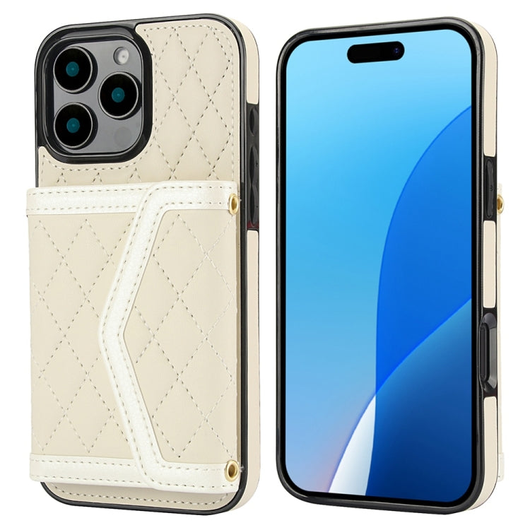 For iPhone 16 Pro Max Splicing Rhombic Texture Card Bag Phone Case with Long Lanyard(Beige) - iPhone 16 Pro Max Cases by buy2fix | Online Shopping UK | buy2fix