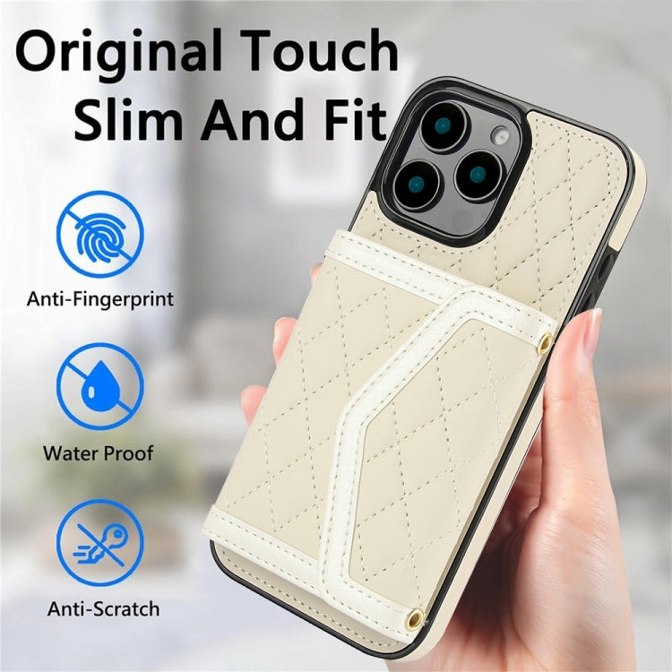 For iPhone 16 Pro Splicing Rhombic Texture Card Bag Phone Case with Long Lanyard(Beige) - iPhone 16 Pro Cases by buy2fix | Online Shopping UK | buy2fix