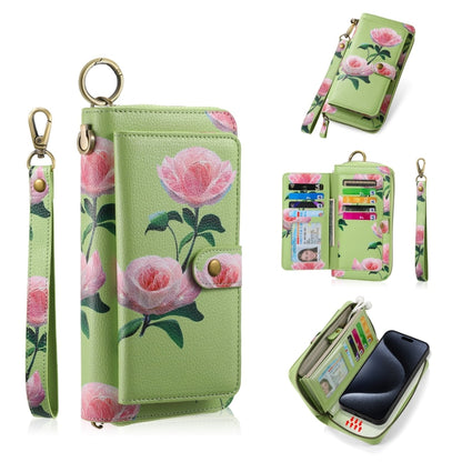 For iPhone 15 Pro POLA MagSafe Flower Multi-functional Zipper Wallet Leather Phone Case(Green) - iPhone 15 Pro Cases by buy2fix | Online Shopping UK | buy2fix