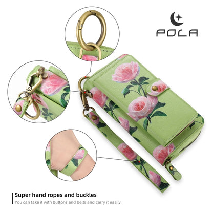 For iPhone 15 Pro POLA MagSafe Flower Multi-functional Zipper Wallet Leather Phone Case(Green) - iPhone 15 Pro Cases by buy2fix | Online Shopping UK | buy2fix