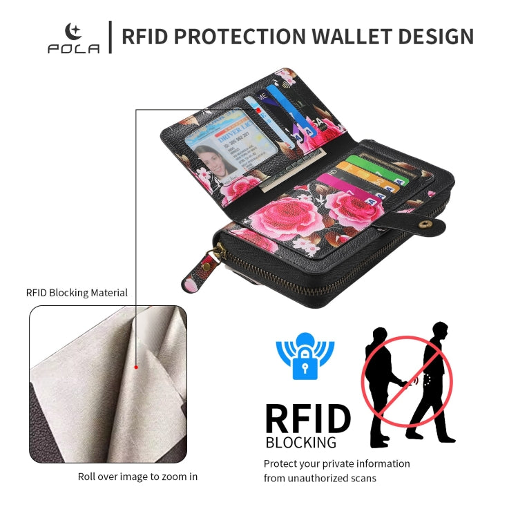 For iPhone 14 Pro Max POLA MagSafe Flower Multi-functional Zipper Wallet Leather Phone Case(Black) - iPhone 14 Pro Max Cases by buy2fix | Online Shopping UK | buy2fix