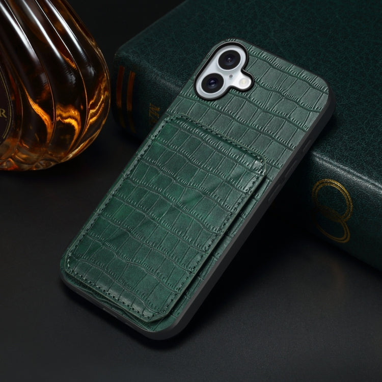 For iPhone 16 Imitation Crocodile Leather Back Phone Case with Holder(Green) - iPhone 16 Cases by buy2fix | Online Shopping UK | buy2fix