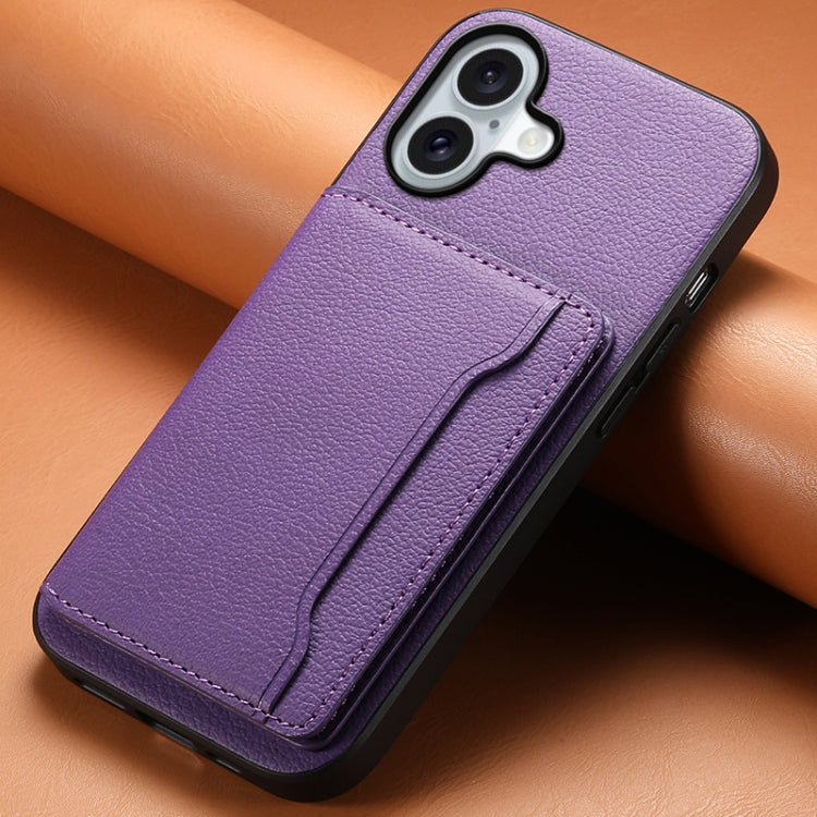 For iPhone 16 Plus Calf Texture Card Bag Design Full Coverage Phone Case(Purple) - iPhone 16 Plus Cases by buy2fix | Online Shopping UK | buy2fix