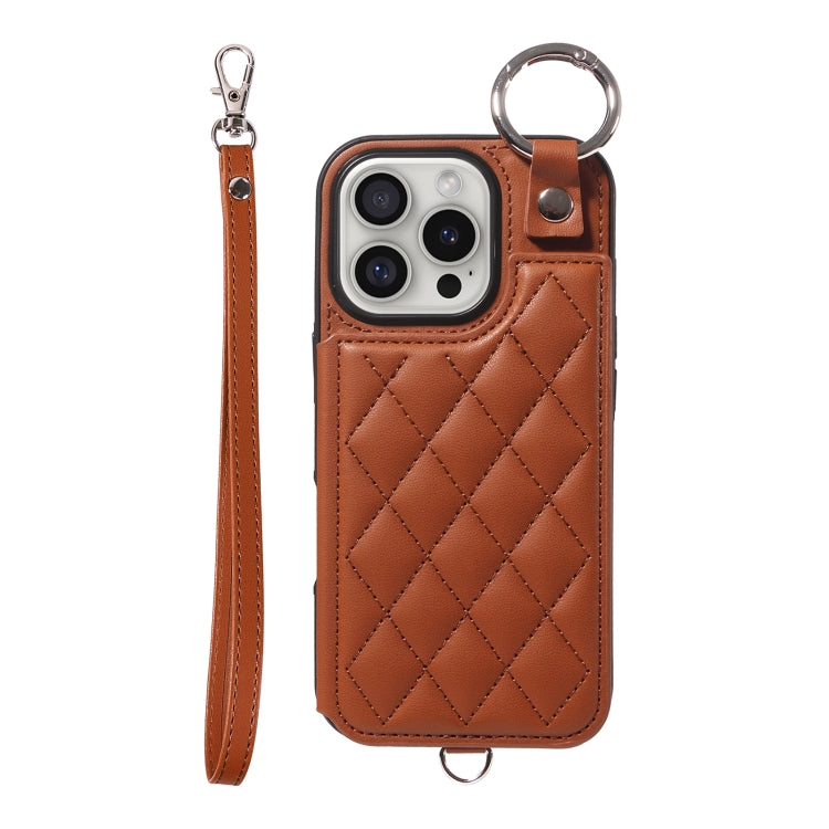 For iPhone 16 Pro Rhombic Texture Card Bag Phone Case with Short Lanyard(Brown) - iPhone 16 Pro Cases by buy2fix | Online Shopping UK | buy2fix