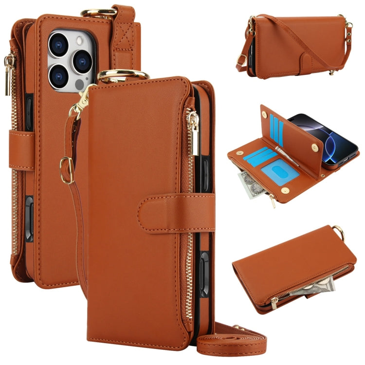 For iPhone 16 Pro Max Crossbody Ring Multifunctional Wallet Leather Phone Case(Brown) - iPhone 16 Pro Max Cases by buy2fix | Online Shopping UK | buy2fix