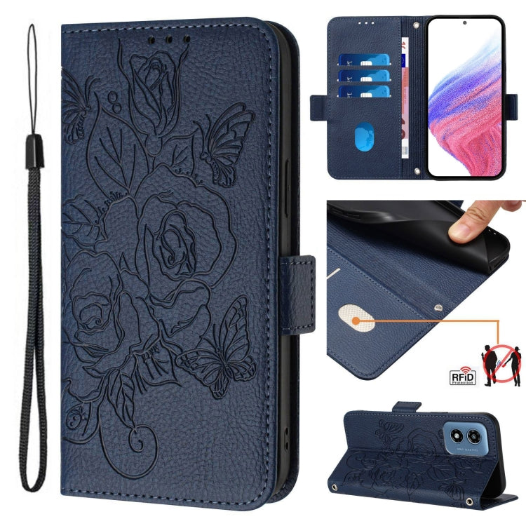 For Motorola Moto G Play 5G / G 5G 2024 Embossed Rose RFID Anti-theft Leather Phone Case(Dark Blue) - Motorola Cases by buy2fix | Online Shopping UK | buy2fix