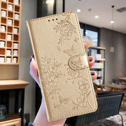 For iPhone 16 Pro Max Butterflies and Flowers Leather Phone Case(Gold) - iPhone 16 Pro Max Cases by buy2fix | Online Shopping UK | buy2fix