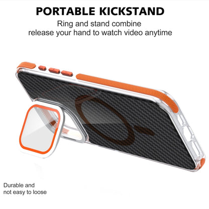 For iPhone 15 Pro Magsafe Dual-Color Carbon Fiber Lens Film Phone Case with Lens Fold Holder(Orange) - iPhone 15 Pro Cases by buy2fix | Online Shopping UK | buy2fix