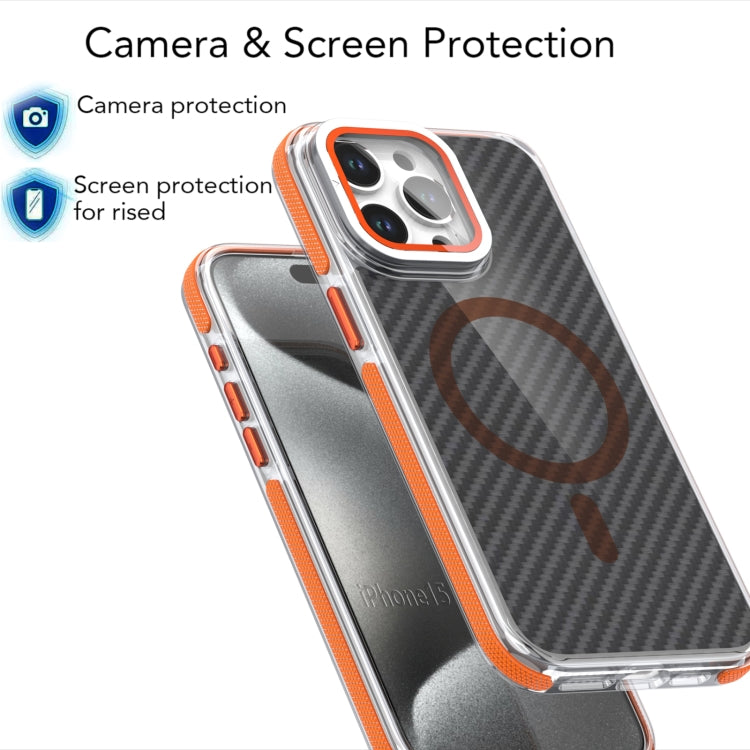 For iPhone 16 Plus Magsafe Dual-Color Carbon Fiber Lens Film Phone Case with Lens Fold Holder(Orange) - iPhone 16 Plus Cases by buy2fix | Online Shopping UK | buy2fix