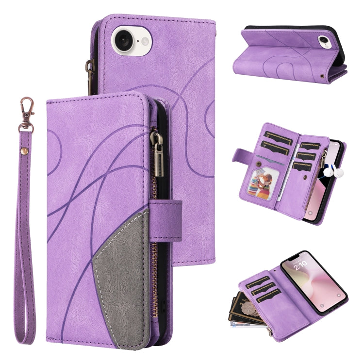 For iPhone SE 2024 Dual-color 9 Card Slots Zipper Wallet Leather Phone Case(Purple) - More iPhone Cases by buy2fix | Online Shopping UK | buy2fix