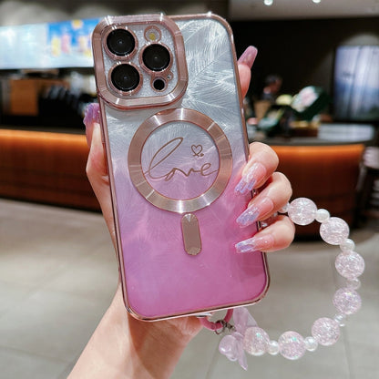 For iPhone 16 Pro Dual-Love Feather  Gradient Glitter Bracelets Magsafe TPU Phone Case(Pink) - iPhone 16 Pro Cases by buy2fix | Online Shopping UK | buy2fix