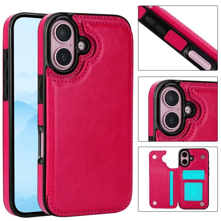 For iPhone 16 Plus Double Buckle Crazy Horse Texture PU Phone Case(Rose Red) - iPhone 16 Plus Cases by buy2fix | Online Shopping UK | buy2fix