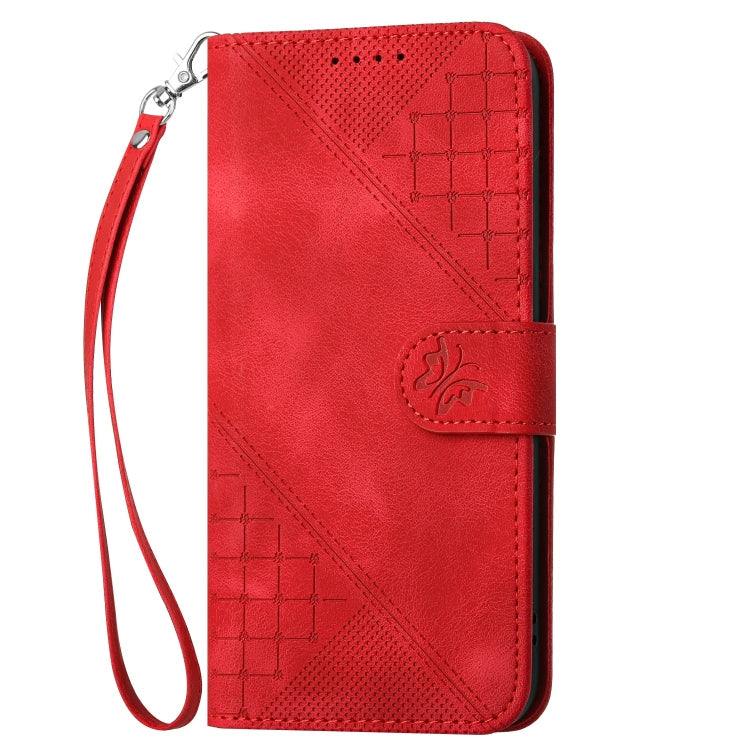 For iPhone 16 YX0080 Grid Butterfly Embossed Pattern Flip Leather Phone Case with Lanyard(Red) - iPhone 16 Cases by buy2fix | Online Shopping UK | buy2fix