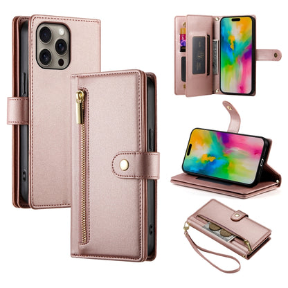 For iPhone 16 Pro Nine Card-slot Zipper Wallet Bag Leather Phone Case(Pink) - iPhone 16 Pro Cases by buy2fix | Online Shopping UK | buy2fix