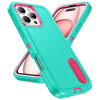 For iPhone 16 Pro Rugged PC + Silicone Phone Case with Holder(Light Green+Rose Red) - iPhone 16 Pro Cases by buy2fix | Online Shopping UK | buy2fix